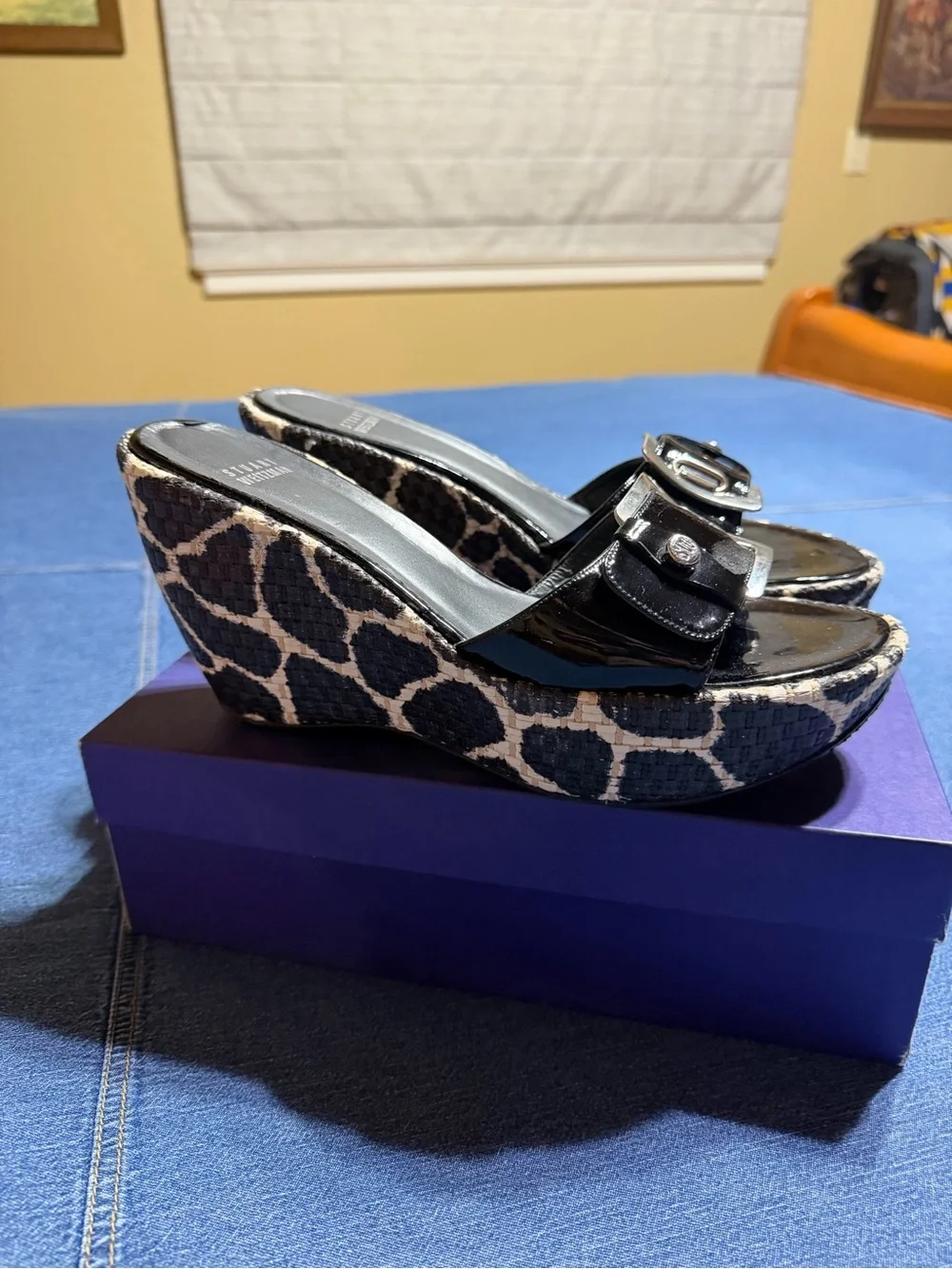 Stuart Weitzman Black Patent Buckle sandals.